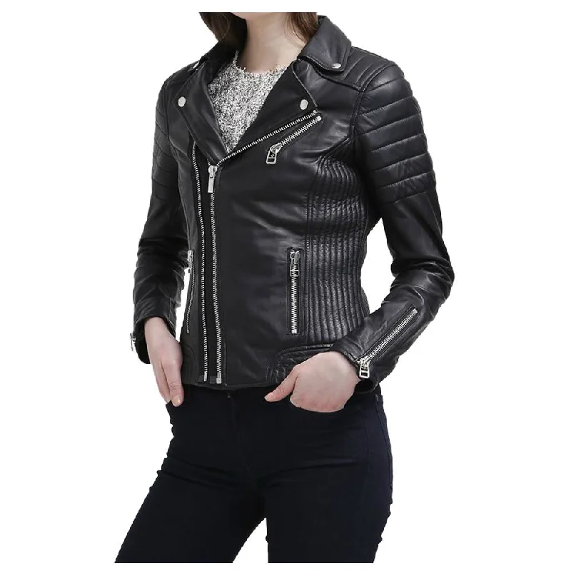 men's leather bomber jackets -WOMEN SLIM FIT BLACK GENUINE LEATHER JACKET INNOVATIVE DESIGN LEATHER JACKET