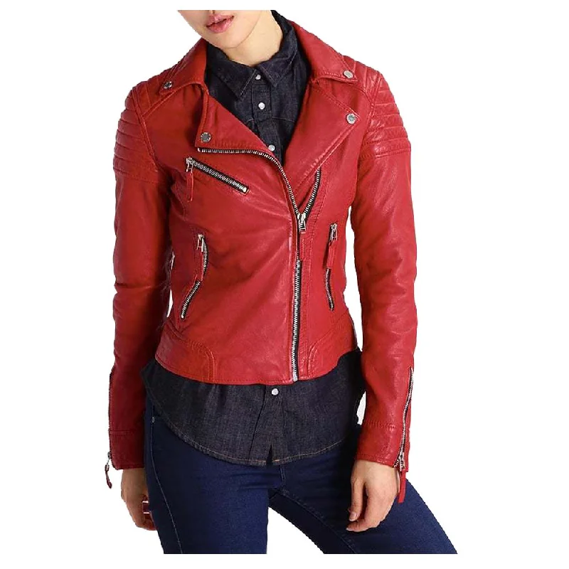 men's casual leather jackets -Women Red Leather Slim Fit Jacket