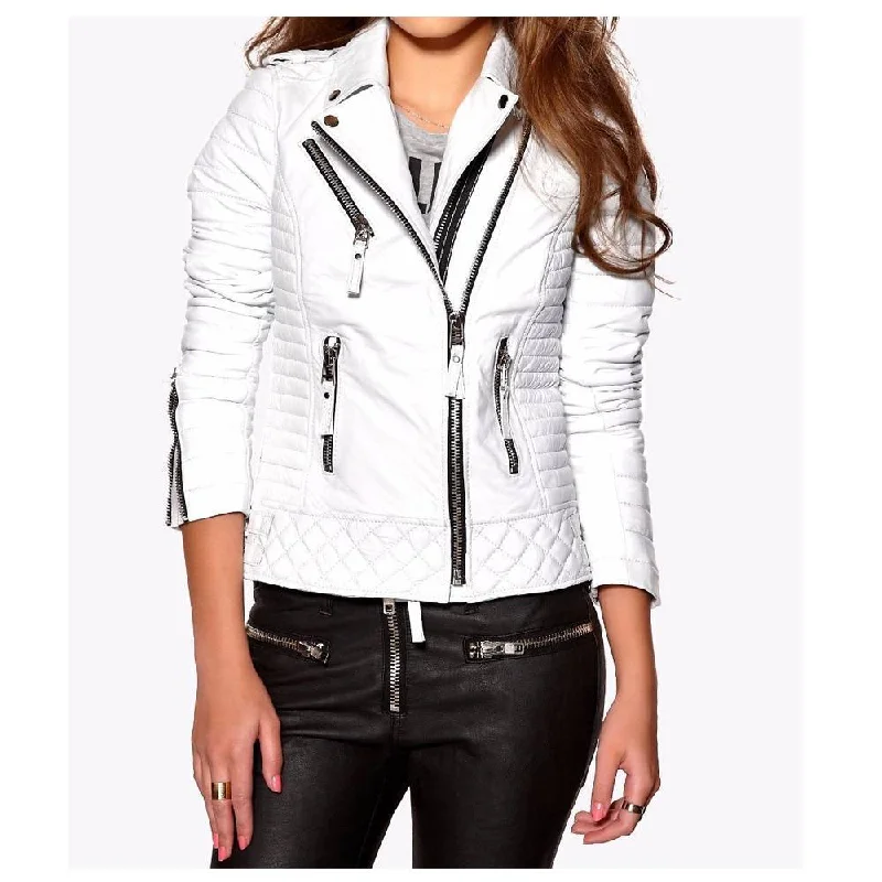 slim-fit jackets for men -Women Soft Slim Fit Motorcycle Leather Jacket White