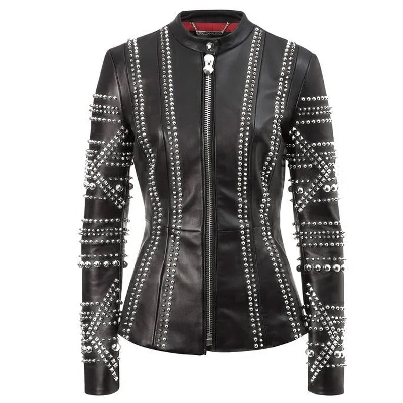 men's fleece-lined jackets -Studded Leather Black Fashion Jacket