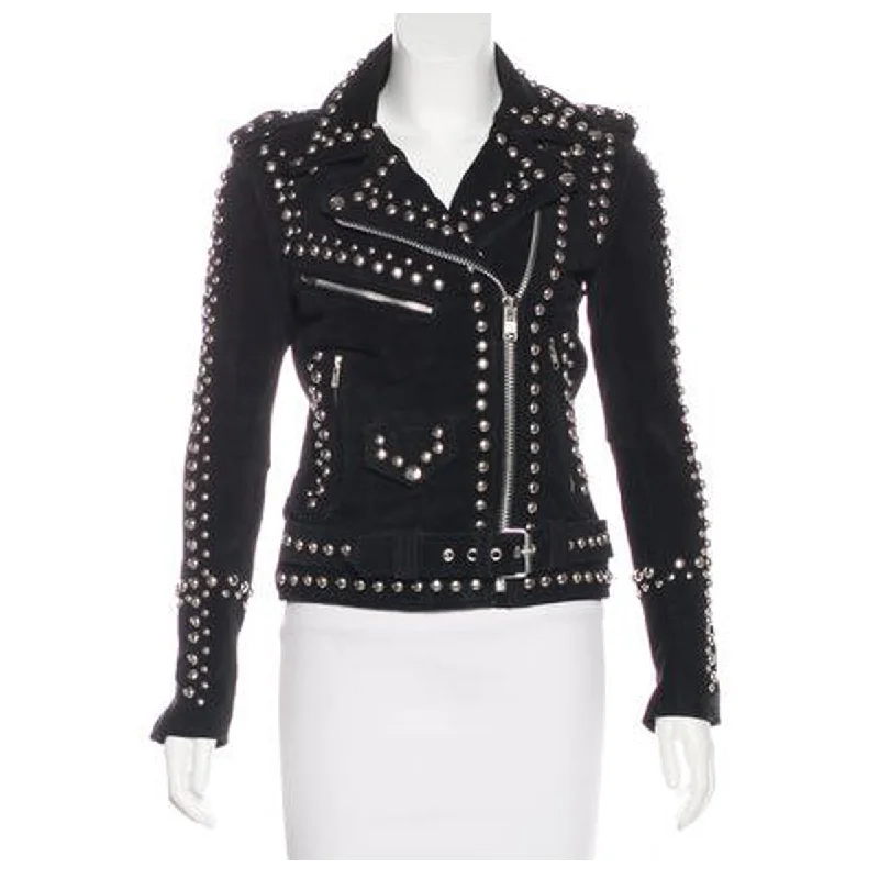 men's casual leather jackets -Moto Studded Black Suede Leather Jacket