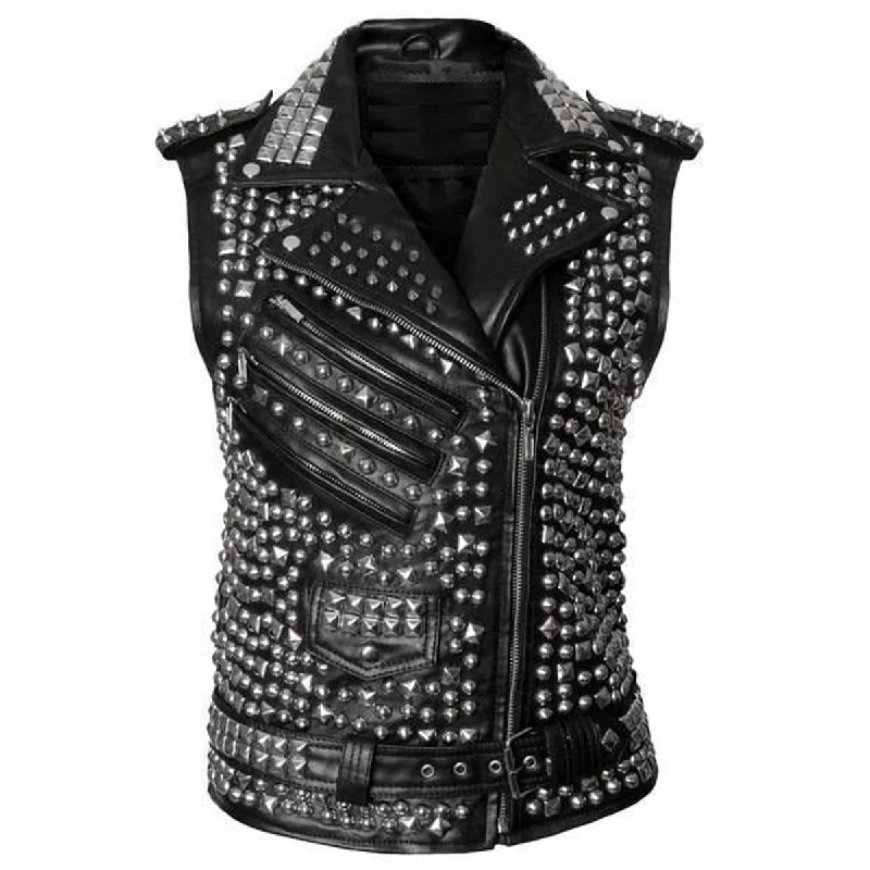 men's sporty vests -Women Studded Leather Vest Spike Belted Punk Goth