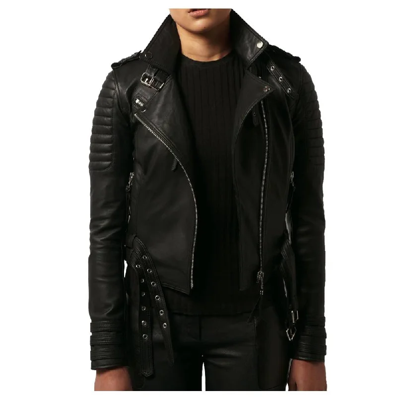 men's fleece-lined jackets -WOMEN WAIST BELTED MOTO SLIM FIT BIKER JACKET LAMBSKIN BIKER JACKET