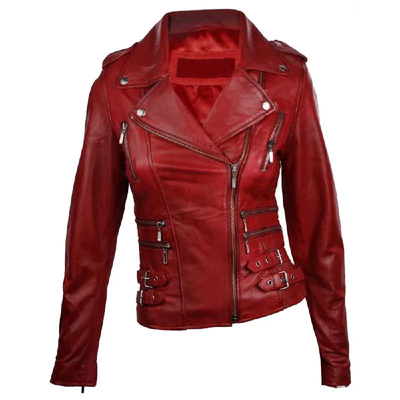 men's velvet jackets -Women Red Waxed Leather Jacket