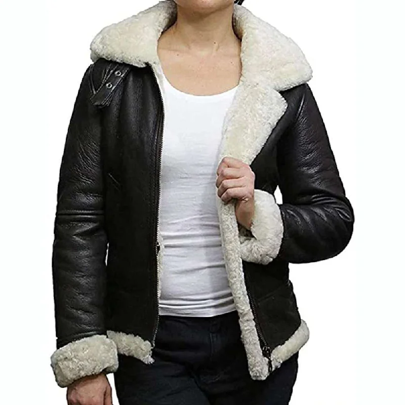 men's shearling jackets -Women WW2 Aviator Pilot Shearling Black Leather Jacket