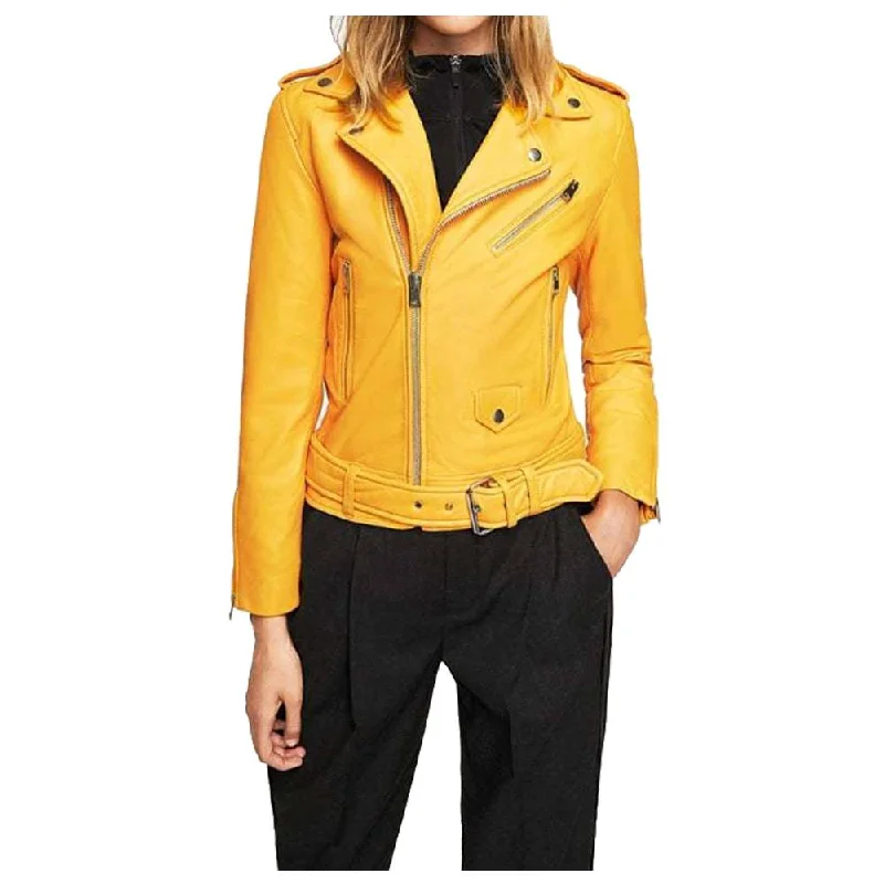 men's winter coats and jackets -WOMEN YELLOW MANGO SLIM FIT GENUINE MOTORCYCLE LEATHER JACKET