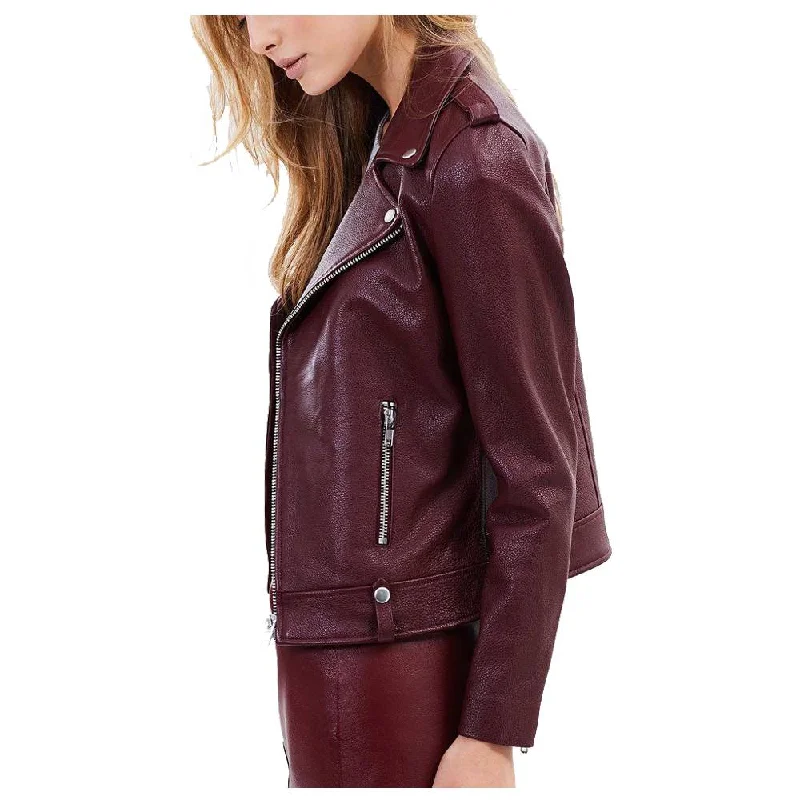 men's waterproof jackets -WOMENS BURGUNDY LEATHER BIKER JACKET MOTORCYCLE LAMBSKIN JACKET