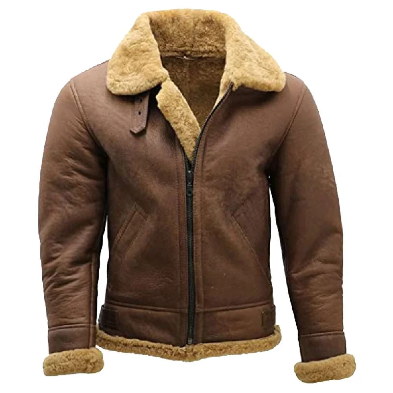 slim-fit jackets for men -WW2 Vintage Brown B3 Shearling Bomber Flying Aviator Jacket