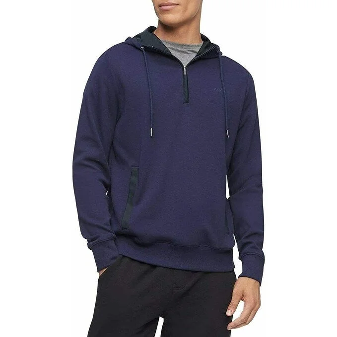 plain hoodies for men -Calvin Klein Men's Colorblocked Mix-Media 1/4-Zip Hoodie Blue Size Extra Large