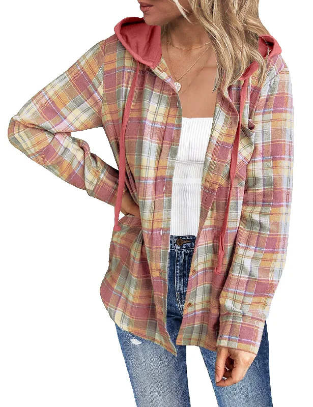 basic hoodies for men -Women Long Sleeve Plaid Hoodie Button Down Blouse Loose Shacket Jacket