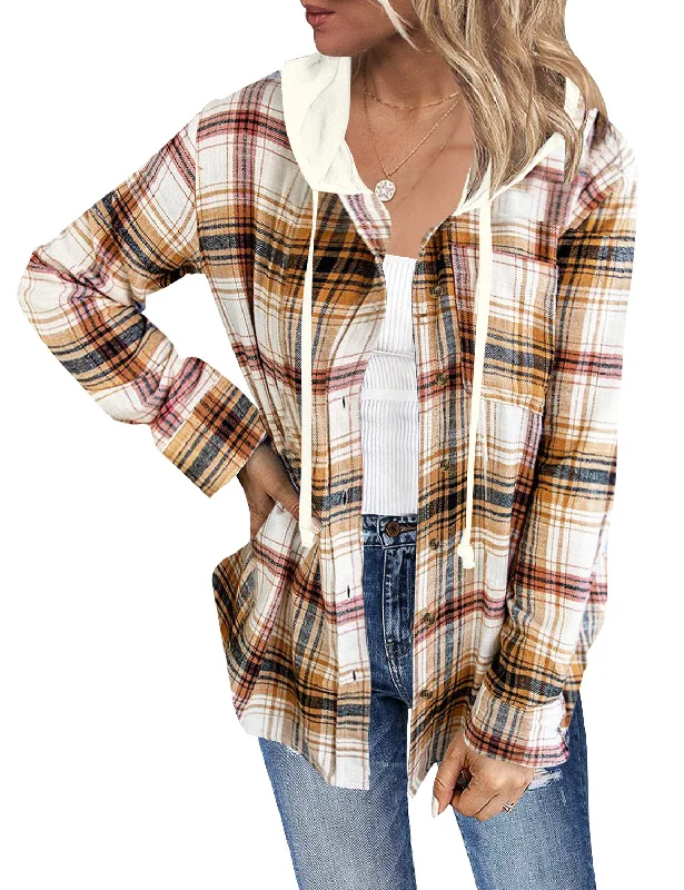 sleek sweatshirts for men -Women Long Sleeve Plaid Hoodie Button Down Blouse Loose Shacket Jacket