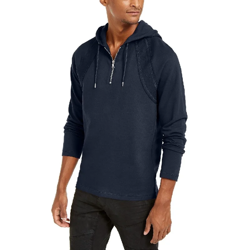 comfortable workout hoodies -INC International Concepts Men's Pieced Quarter-Zip Hoodie Blue Size Large