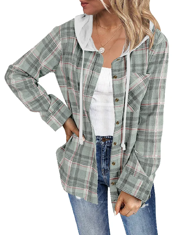 men's oversized sweatshirts for layering -Women Long Sleeve Plaid Hoodie Button Down Blouse Loose Shacket Jacket