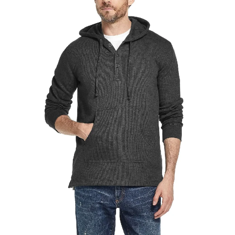 men's vintage hoodies -Weatherproof Vintage Men's Textured Henley Hoodie Black Size Small