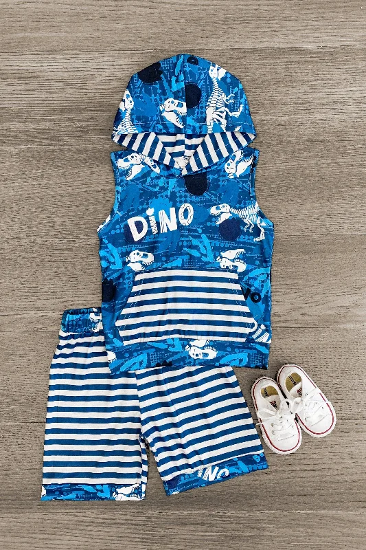 men's hoodies for travel -"Dino" Striped Sleeveless Hoodie Short Set