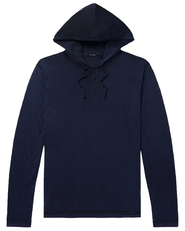 custom hoodie sweatshirts for men -Navy Silk Three Button Hoodie