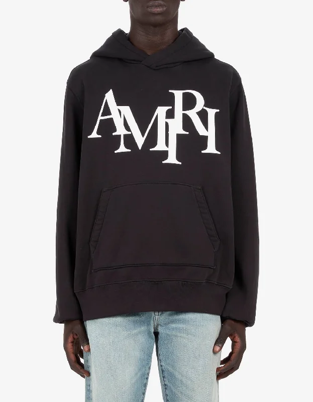 men's fleece sweatshirts -Amiri Black Staggered Logo Hoodie