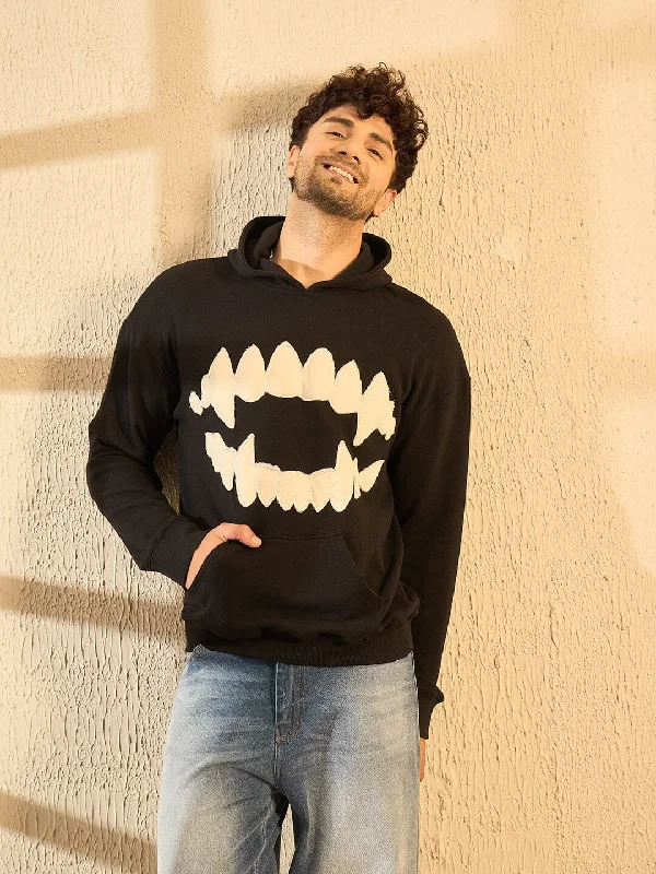 men's hoodies for outdoor activities -Black Fangs Embroidery Oversized Hoodie