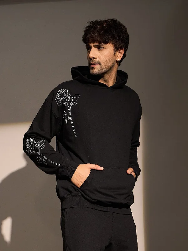 eco-friendly sweatshirts for men -Black Rose Embroidered Oversized Hoodie