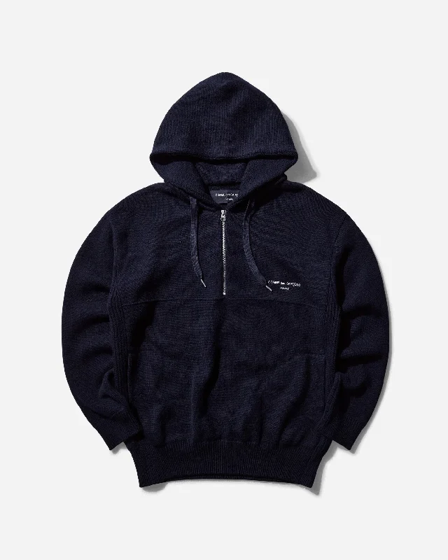 minimalist sweatshirts for men -Men's 1/2 Zip Wool Hoodie Navy