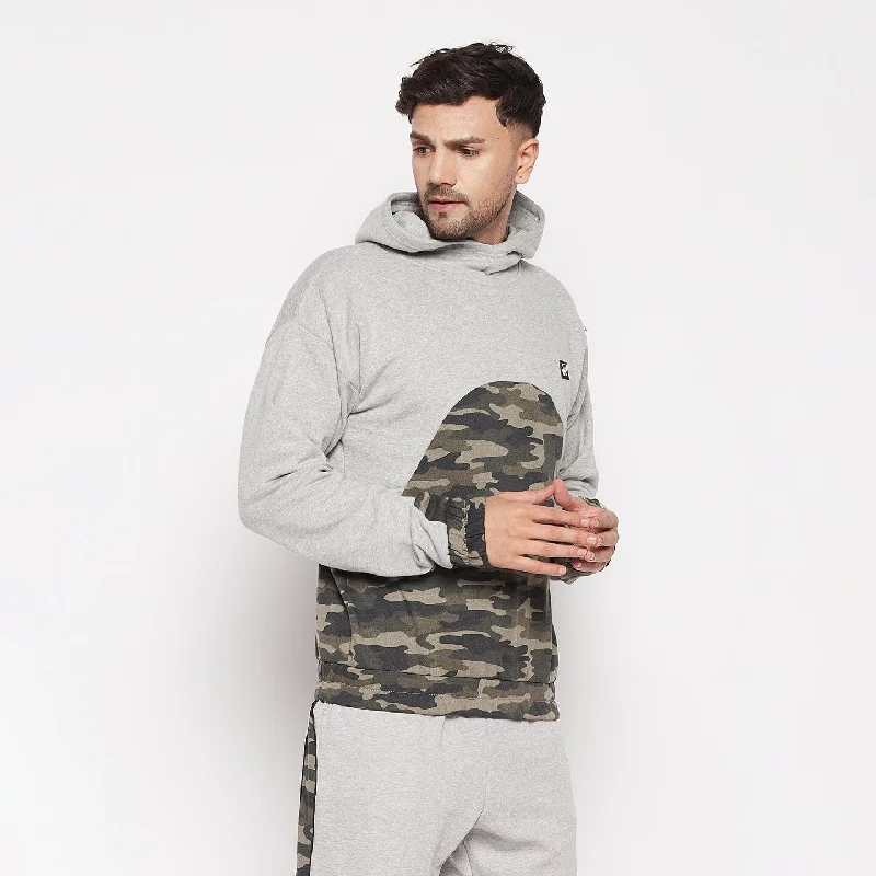 athletic sweatshirts for men -Grey Camo Cut-Sew Hoodie Sweatshirt