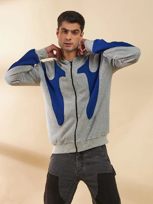 hoodie sweatshirts for men -Grey & Royal Blue Cut Sew Zipped Hoodie