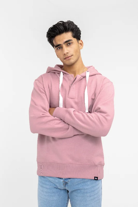 casual pullover sweatshirts -Hoodie with Buttoned Slit in Pink