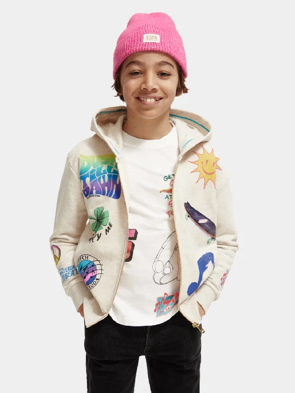 men's urban hoodies -Kids - Relaxed-fit placed artwork zip-through hoodie