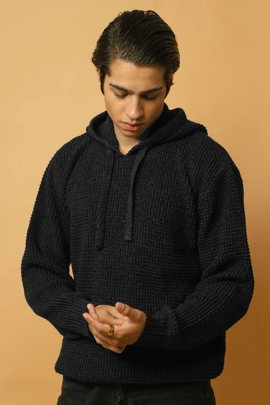 modern hoodies for men -Knitted Hoodie in Black