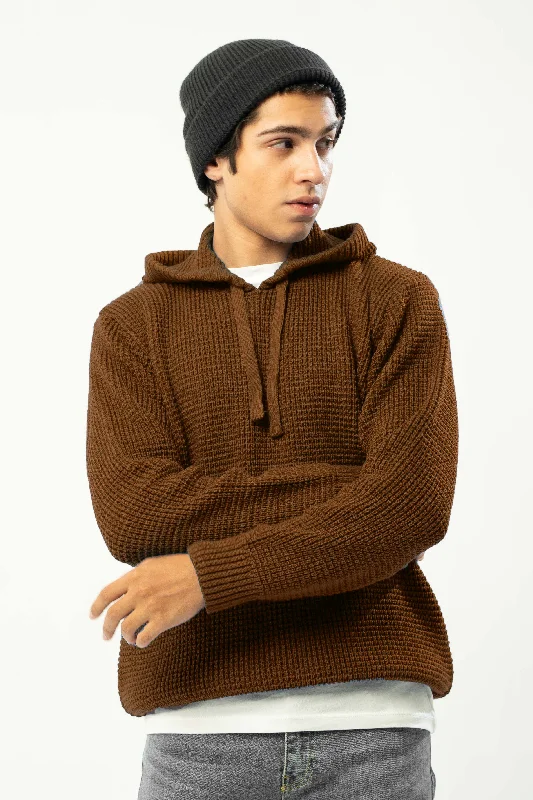 trendy pullover hoodies for men -Knitted Hoodie in Chocolate