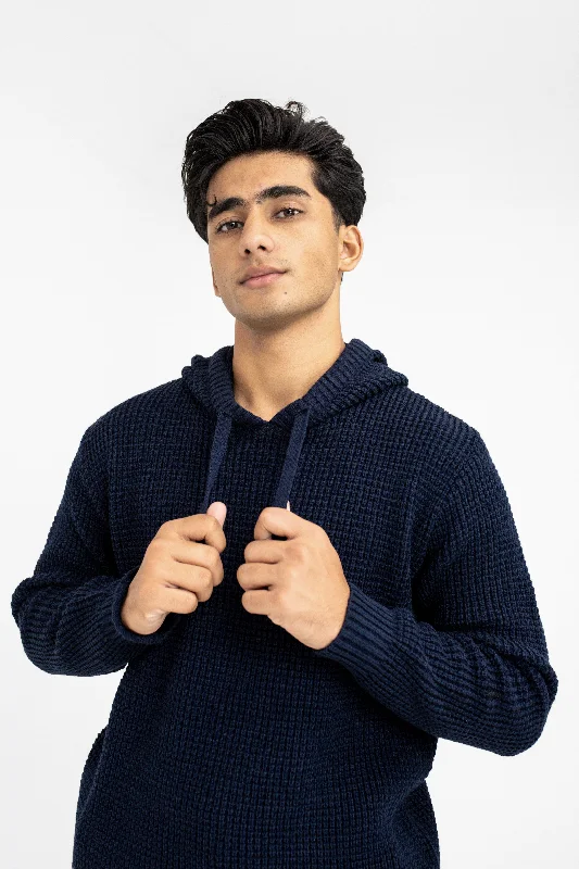 men's zippered sweatshirts -Knitted Hoodie in Navy