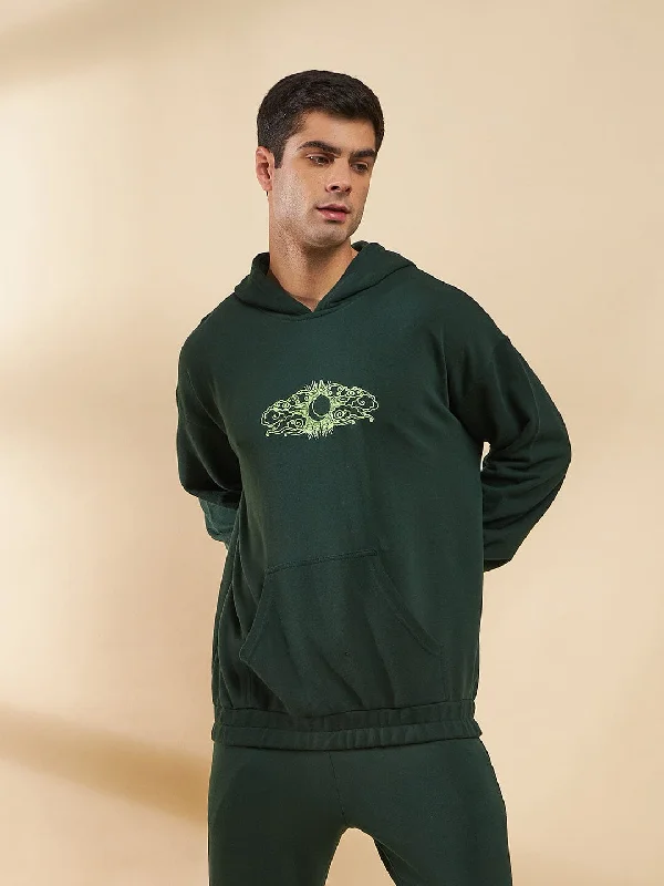 men's oversized sweatshirts -Moss Green Embroidered Oversized Hoodie