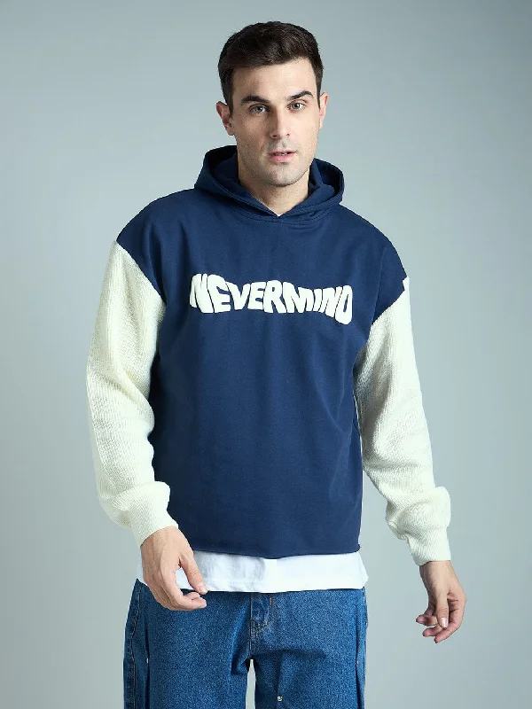 men's urban hoodies -Navy Cropped Hoodie With Knitted Sleeves