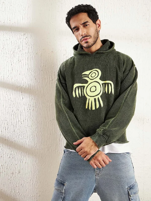 eco-friendly hoodies for men -Olive Dyed Bird Graphic Cropped Hoodie