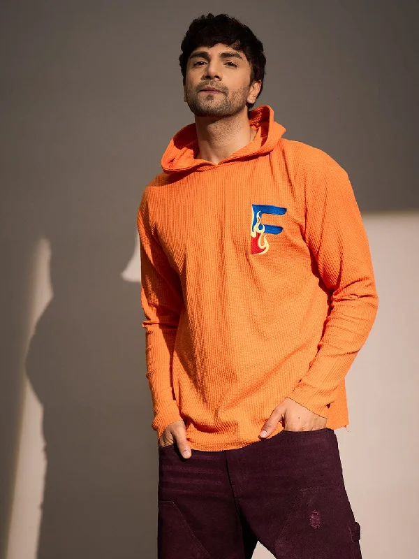 vintage-style hoodies for men -Orange Waffle Raw Edge Monogram Hoodie