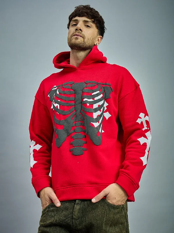 men's performance hoodies -Red Fleece Rib Cage Graphic Oversized Hoodie