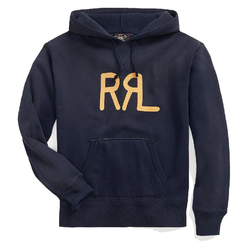 light hoodies for men -RRL by Ralph Lauren Logo Fleece Hoodie Faded Navy