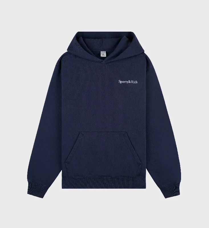 casual pullover sweatshirts -Serif Logo Hoodie - Navy/White